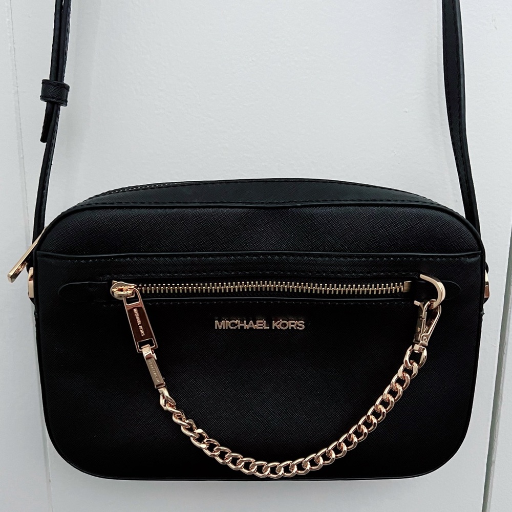 Michael Kors Jet Set Large Saffiano Leather Crossbody Bag Black Gold Accents